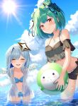  2girls absurdres amane_kanata angel angel_wings asymmetrical_bangs asymmetrical_hair ball bangs bare_shoulders beachball blue_hair blush bow breasts butterfly_hair_ornament cleavage closed_eyes cloud collarbone colored_inner_hair detached_sleeves double_bun eyebrows_visible_through_hair feathered_wings frills gradient gradient_wings green_hair hair_ornament hair_over_one_eye hair_ribbon halo highres holding hololive hololive_fantasy jewelry kimae leaning_forward looking_at_viewer midriff mini_wings multicolored multicolored_hair multicolored_wings multiple_girls nail_polish navel necklace open_mouth outdoors red_eyes ribbon see-through short_hair sidelocks silver_hair single_hair_intake skull_hair_ornament sky smile standing star_halo swimsuit swimwear upper_teeth uruha_rushia virtual_youtuber water wings 