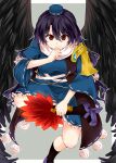  1girl bird_wings blue_dress breasts commentary_request covering_mouth dark_blue_hair dress fan finger_to_mouth foot_out_of_frame geta grey_background hand_up hat hauchiwa holding holding_fan iizunamaru_megumu large_breasts long_hair looking_at_viewer outline pom_pom_(clothes) red_eyes simple_background smile solo tengu-geta tokin_hat touhou white_outline wings zetsumame 