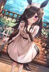  1girl animal_ears bench black_hair blurry blurry_background blush casual dress fence hair_over_one_eye hands horse_ears horse_girl horse_tail long_hair ocean pov purple_eyes rice_shower_(umamusume) rong_yi_tan solo_focus tail umamusume 