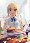  1girl absurdres ahoge artoria_pendragon_(all) blonde_hair boa_(brianoa) burger ceiling checkered collared_shirt eyebrows_visible_through_hair fate/stay_night fate_(series) food food_request fork french_fries green_eyes hair_between_eyes highres holding holding_fork holding_knife indoors knife open_mouth pinstripe_pattern pinstripe_shirt restaurant saber salad salad_bowl salt salt_shaker shirt short_hair short_sleeves solo soy_sauce steak striped tagme tile_ceiling tiles two-tone_neckwear 