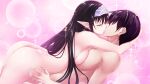  1boy 1girl arched_back arms_around_neck ass black_hair breast_press breasts closed_eyes completely_nude cowboy_shot dimples_of_venus elf elin_(wagahime) faceless faceless_male from_side game_cg hairband hetero highres kawagishi_keitarou kiss medium_breasts nipples non-web_source nude pointy_ears sparkle waga_himegimi_ni_eikan_wo 