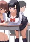  1boy 2girls black_hair black_skirt blush bow bowtie breasts cellphone cleavage collarbone holding holding_phone kaisen_chuui kneehighs large_breasts long_hair multiple_girls original panties phone pleated_skirt purple_eyes purple_panties red_neckwear school_uniform shirt side-tie_panties simple_background sitting skirt smile standing table underwear white_background white_shirt 