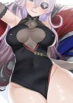  1girl armpits azur_lane bangs bare_shoulders black_dress black_gloves blush breasts china_dress chinese_clothes cleavage cleavage_cutout clothing_cutout covered_navel crossed_bangs dress elbow_gloves eyebrows_visible_through_hair eyepatch gloves green_eyes hair_between_eyes large_breasts long_hair looking_at_viewer official_alternate_costume one_eye_covered ootani_nonno parted_lips purple_hair scharnhorst_(azur_lane) scharnhorst_(panther_und_pflaume)_(azur_lane) sleeveless sleeveless_dress smile solo 