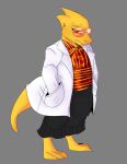  absurd_res alphys annoyed anthro barefoot bottomwear claws clothed clothing coat earhole eyeliner eyewear feet female front_view frown fully_clothed glasses hands_in_pockets hi_res lab_coat lizard long_skirt makeup open_clothing open_coat open_topwear pattern_clothing pattern_shirt pattern_topwear pockets red_eyes reptile scalie sharp_teeth shirt simple_background skirt solo sparklesphobia standing striped_clothing striped_shirt striped_topwear stripes teeth thick_tail three-quarter_view tinted_glasses topwear undertale video_games 