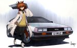  1girl absurdres agnes_tachyon_(umamusume) ahoge animal_ears bangs black_neckwear black_pants breasts car coat crossover delorean ground_vehicle head_tilt highres horse_ears horse_girl horse_tail kano_(nakanotakahiro1029) labcoat looking_at_viewer motor_vehicle necktie pants red_eyes short_necktie sleeves_past_fingers sleeves_past_wrists small_breasts smile tail umamusume vest white_coat white_footwear yellow_vest 