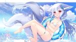  1girl ahoge animal_ears bikini commentary_request commission fox_ears fox_tail innertube long_hair nanamomo_rio original red_eyes sakurada_shiro sky solo swimsuit swimwear tail water white_hair 