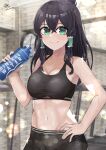  1girl absurdres aqua_eyes bangs bare_shoulders black_hair black_pants black_sports_bra blurry blurry_background blush bottle breasts cleavage clock closed_mouth collarbone commentary_request commission cowboy_shot crossed_bangs english_commentary eyebrows_behind_hair groin hair_between_eyes hair_tubes hand_on_hip highres holding holding_bottle indoors lens_flare long_hair looking_at_viewer medium_breasts midriff mixed-language_commentary navel original pants sidelocks signature skeb_commission smile solo sparkle sports_bra sportswear standing sweat tare_negima taut_clothes treadmill wall_clock water_bottle 