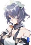  1girl arknights arkrai bangs bare_shoulders breasts cleavage commentary_request detached_collar detached_sleeves eyepatch hair_ornament hair_over_one_eye highres purple_eyes purple_hair short_hair simple_background solo whisperain_(arknights) white_background white_headwear x_hair_ornament 