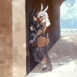 1boy 1girl against_wall animal_ears armor armored_leotard ass assertive_female bunny_ears bunny_tail dark_skin dark_skinned_female fenrishion final_fantasy final_fantasy_xiv gloves high_heels highres huge_ass licking_lips lifting_person pinned tail tall_female thighhighs tongue tongue_out viera 