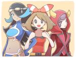  3girls arm_hug black_hair blue_hair bow brown_hair courtney_(pokemon) eyeshadow goggles goggles_on_head hair_bow horned_headwear idalol490 looking_at_viewer makeup may_(pokemon) multicolored_hair multiple_girls navel pokemon pokemon_(game) pokemon_oras purple_hair shelly_(pokemon) sleeveless smile stomach team_aqua team_magma turtleneck two-tone_hair 