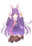  absurdres animal_ears black_legwear blazer blouse breasts bunny_ears buttons collared_blouse crescent crescent_pin diving_penguin eyebrows_visible_through_hair highres jacket large_breasts light_purple_hair long_hair medium_skirt necktie pink_skirt pleated_skirt purple_hair rabbit_girl red_eyes red_neckwear reisen_udongein_inaba shoes simple_background skirt tongue touhou very_long_hair white_background white_blouse 
