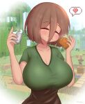  1girl blush bob_cut bread breasts closed_eyes cup curvy eating eyebrows_visible_through_hair food gabai genderswap genderswap_(mtf) gigantic_breasts green_shirt hair_between_eyes heart highres huge_breasts large_breasts milk minecraft personification plump shirt short_sleeves spoken_heart villager_(minecraft) 