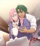  2boys :d ahoge artist_name blurry blurry_foreground brown_eyes cake cherry_blossom_(sk8) dated dutch_angle food frying_pan glasses green_hair hair_between_eyes highres indoors japanese_clothes joe_(sk8) kimono long_hair multiple_boys muscular muscular_male open_mouth pastry_bag pink_hair purple_kimono shirt sk8_the_infinity smile soul_(tamashii) sweatdrop tan white_shirt yellow_eyes 
