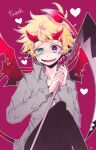  1boy blonde_hair blue_eyes demon_girl demon_horns demon_wings highres holding holding_scythe horns messy_hair scythe short_hair smile solo south_park south_park:_phone_destroyer tweek_tweak uneven_eyes wings 