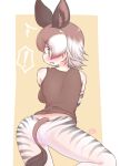  ! 1girl ^^^ animal_ears animal_print ass bare_shoulders blush brown_eyes brown_hair brown_shirt detached_sleeves extra_ears flat_ass from_behind grey_hair highres kemono_friends leaning_forward looking_at_viewer looking_back medium_hair multicolored_hair no_pants okapi_(kemono_friends) okapi_ears okapi_tail open_mouth panties panties_under_pantyhose pantyhose print_legwear print_sleeves see-through shirt sleeveless sleeveless_shirt solo surprised tail two-tone_hair uho_(uhoyoshi-o) underwear 