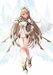  1girl bangs blonde_hair breasts cleavage cleavage_cutout clothing_cutout daive earrings highres jewelry large_breasts long_hair mythra_(xenoblade) prototype solo swept_bangs tiara very_long_hair wings xenoblade_chronicles_(series) xenoblade_chronicles_2 yellow_eyes 