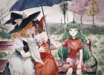  3girls aihara-rina apron aqua_hair bench black_dress blonde_hair blue_bow bow braid brown_hair buttons cherry_blossoms closed_eyes cloud_print commentary curly_hair detached_sleeves dress frilled_bow frilled_dress frills geta grass green_eyes green_hair hair_bow hair_tubes hakurei_reimu hat hat_bow highres horns hug japanese_clothes juliet_sleeves kariyushi_shirt kirisame_marisa kiss komainu komano_aunn long_hair long_sleeves medium_hair miko multiple_girls nontraditional_miko outdoors parasol paw_pose puffy_sleeves rain red_bow red_shirt ribbon_trim shirt short_hair short_sleeves shorts side_braid sidelocks single_braid single_horn skirt skirt_set touhou tree umbrella waist_apron white_bow white_shorts witch_hat wooden_bench yellow_neckwear 