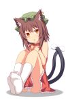  1girl absurdres animal_ear_fluff animal_ears bare_shoulders brown_eyes brown_hair cat_ears cat_tail chen commentary_request dress earrings feet full_body furagu hat highres jewelry kneehighs knees_up light_blush looking_at_viewer medium_hair mob_cap multiple_tails nekomata panties parted_lips red_dress simple_background solo tail touhou two_tails underwear upskirt white_background white_legwear 