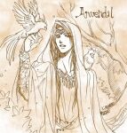  1boy :d bird brown_theme character_name circlet cloak commentary_request dated hand_up hood hood_up hooded_cloak jewelry kazuki-mendou male_focus monochrome necklace one-hour_drawing_challenge open_mouth radagast signature silmarillion smile solo younger 