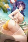  1girl absurdres ass azur_lane ball bangs bare_shoulders beachball bikini breasts eyebrows_visible_through_hair eyewear_on_head fang highres in_water large_breasts long_hair looking_at_viewer lying manjuu_(azur_lane) meoyo no_shoes official_alternate_costume on_side open_mouth pola_(azur_lane) pola_(seaside_coincidence)_(azur_lane) purple_hair red_eyes shallow_water side-tie_bikini skin_fang sunglasses swimsuit thighhighs thighs twintails water white_legwear yellow_bikini 