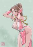  1girl bangs blush breasts brown_hair cleavage dress eyebrows_visible_through_hair fatal_fury gloves highres kasumi_jun large_breasts leaning_forward panties parted_bangs parted_lips pelvic_curtain pink_dress pink_gloves pink_panties ponytail shiranui_mai sideboob solo the_king_of_fighters tied_hair underwear 