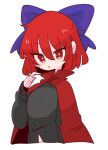  1girl black_shirt blue_bow bow cape cloak disembodied_head dullahan hair_bow high_collar highres long_sleeves miniskirt nukekubi op_na_yarou red_cape red_cloak red_eyes red_hair red_skirt sekibanki shirt short_hair skirt touhou 