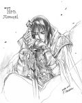  1boy closed_eyes closed_mouth dated graphite_(medium) greyscale hands_on_hilt holding holding_sword holding_weapon kazuki-mendou male_focus monochrome one-hour_drawing_challenge signature silmarillion sitting solo sword traditional_media turin weapon 