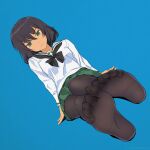  1girl akagi_(fmttps) arm_support artist_name bangs black_legwear black_neckwear blue_background breasts brown_hair closed_mouth cross dark_skin dark_skinned_female dutch_angle expressionless feet foot_focus foreshortening full_body girls_und_panzer green_eyes green_skirt half-closed_eyes head_tilt highres hoshino_(girls_und_panzer) leaning_back lips long_sleeves looking_at_viewer miniskirt neckerchief no_shoes ooarai_school_uniform pantyhose pleated_skirt sailor_collar school_uniform see-through see-through_silhouette serafuku shirt short_hair simple_background single_horizontal_stripe sitting skirt small_breasts soles solo toe_seam toenails toes twitter_username white_sailor_collar white_shirt 