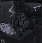  5_fingers alligator alligatorid anthro ashtray banewade cabinet chair chameleon cigarette clock clothing crocodile crocodilian crocodylid desk dress_shirt duo espio_the_chameleon fingers formal_wear furniture half-closed_eyes hi_res horn lamp lizard male monochrome narrowed_eyes night office paper reptile scalie sega shirt smoke smoking sonic_the_hedgehog_(series) suspenders topwear trash_can vector_the_crocodile video_games watch wristwatch 