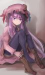  1girl black_legwear boots capelet commentary_request dress eyebrows_visible_through_hair full_body hat highres light_blush long_hair looking_at_viewer mob_cap namiki_(remiter00) pantyhose patchouli_knowledge purple_dress purple_eyes purple_hair sitting solo touhou very_long_hair 