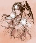  1boy armor bracer breastplate cape feanor gem glint kazuki-mendou looking_at_viewer male_focus monochrome one-hour_drawing_challenge parted_lips pink_theme pointy_ears ponytail signature silmarillion smile solo traditional_media upper_body 