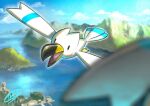  bird black_eyes cloud commentary_request day flying gen_3_pokemon kaosu_(kaosu0905) no_humans open_mouth outdoors pokemon pokemon_(creature) signature sky solid_oval_eyes tongue water wingull 