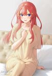  1girl :d ahoge arm_at_side artist_name bangs bed_sheet blue_eyes blush breasts collarbone go-toubun_no_hanayome hair_ornament hand_on_own_chest highres indoors large_breasts long_hair looking_at_viewer nakano_itsuki nhaliz on_bed open_mouth pajamas pillow red_hair short_sleeves signature sitting smile solo star_(symbol) star_hair_ornament watermark web_address 