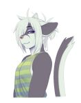  2021 anthro bangs black_body black_fur domestic_cat fangs felid feline felis fur green_eyes hair hair_over_eye hi_res male mammal multicolored_body multicolored_fur nextel one_eye_obstructed ponytail proby simple_background solo two_tone_body two_tone_fur white_background white_body white_fur white_hair 