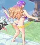  1boy 3girls ass barefoot bikini blood brown_hair closed_eyes dancing futatsuiwa_mamizou gradient_hair hat hijiri_byakuren long_hair mario mario_(series) multicolored_hair multiple_girls murasa_minamitsu nosebleed outdoors profitshame purple_bikini purple_hair sailor_hat sorcerer&#039;s_sutra_scroll super_mario_bros. swimsuit thick_thighs thighs toramaru_shou touhou two-tone_hair wavy_hair 