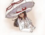  bow bow_footwear bright_pupils brown_hair corruption dress gloves hair_bow hair_tubes hakurei_reimu hat hat_ribbon long_sleeves medium_hair parasol red_bow red_eyes reimu_scarlet ribbon ribbon_trim riku_hamano touhou umbrella vampire waist_bow white_dress white_headwear 