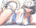  1girl animal_ears bangs bare_shoulders black_hair blue_eyes breasts cat_girl cleavage colored_inner_hair commentary_request extra_ears eyebrows_visible_through_hair fang foot_up furrowed_eyebrows hair_ornament halterneck harem_outfit high_heels highres kemono_friends kemono_friends_3 large_breasts looking_at_viewer lying medium_hair multicolored_hair navel official_alternate_costume on_stomach open_mouth pinky_out shibori_kasu sideboob sidelocks skindentation slit_pupils smile solo stomach streaked_hair tail tiger_ears tiger_girl tiger_tail two-tone_hair white_hair white_tiger_(kemono_friends) 