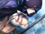  1girl blue_eyes blue_hair breasts cape cetus_kkk cleavage closed_mouth crop_top dutch_angle fins hair_over_one_eye hood hood_up large_breasts long_hair looking_to_the_side ningyo_hime_(sinoalice) polearm ribbon serious sidelocks sinoalice solo twintails weapon 