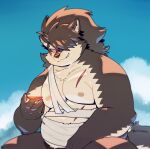  absurd_res anthro bandage belly canid canine canis domestic_dog hair hi_res long_hair looking_at_viewer male mammal musclegut nipples pecs ponytail quanjiang sake_dish shino_(housamo) solo tokyo_afterschool_summoners video_games 