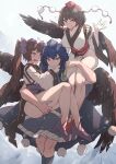  3girls :q \||/ bird_wings blue_hair blush breasts bright_pupils brown_hair carrying_over_shoulder cleavage collarbone commentary_request covered_nipples detached_sleeves feet_out_of_frame floating hand_up hat highres himekaidou_hatate iizunamaru_megumu kneehighs kourindou_tengu_costume large_breasts long_hair looking_at_another looking_at_viewer multiple_girls no_panties nose_blush pom_pom_(clothes) red_eyes senmuts shameimaru_aya short_hair smile tokin_hat tongue tongue_out touhou twintails wings 