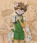  anthro apron apron_only beverage biped blush clothing coffee coffee_shop collar domestic_cat embarrassed felid feline felis girly group legwear lgbt_pride male mammal mawmain mostly_nude pencil_(disambiguation) solo_focus thick_thighs 