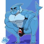  abs anthro bulge bull_sharkowski cartoon_network clothing fish genital_outline looking_at_viewer male marine my_gym_partner&#039;s_a_monkey penis_outline shark simple_background solo the_purple_wolf_guy thong underwear 