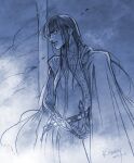  1boy belt blue_theme cape cowboy_shot dated kazuki-mendou long_hair maeglin male_focus monochrome parted_lips pointy_ears signature silmarillion solo sword weapon 