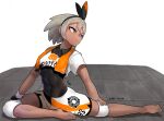  1girl bangs barefoot bea_(pokemon) black_bodysuit black_hairband bodysuit bodysuit_under_clothes bow_hairband closed_mouth collared_shirt covered_navel dark_skin dark_skinned_female dated eungi gloves grey_eyes grey_hair gym_leader hairband highres knee_pads looking_to_the_side mixed-language_commentary orange_towel pokemon pokemon_(game) pokemon_swsh print_shirt print_shorts shirt short_sleeves shorts side_slit side_slit_shorts single_glove sitting solo toes towel towel_around_neck wristband 