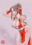 1girl bangs blush breasts brown_hair cleavage dress eyebrows_visible_through_hair fatal_fury gloves highres kasumi_jun large_breasts leaning_forward panties parted_bangs parted_lips pelvic_curtain pink_gloves ponytail red_dress red_panties shiranui_mai sideboob solo the_king_of_fighters tied_hair underwear 