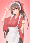  1girl alternate_costume anti_(untea9) brown_hair brown_hakama commentary_request gradient gradient_background hair_ornament hair_ribbon hairclip hakama highres japanese_clothes kantai_collection kimono long_hair looking_at_viewer mamiya_(kancolle) paw_pose red_background red_eyes red_kimono ribbon solo wa_maid 