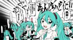  6+girls angry aqua_eyes aqua_hair aqua_neckwear arataseviro bare_shoulders black_legwear black_skirt black_sleeves blank_eyes cheering clenched_teeth depressed detached_sleeves emphasis_lines grey_shirt hair_ornament hand_on_own_chest hatsune_miku hatsune_miku_(append) hatsune_miku_(nt) hatsune_miku_(vocaloid3) hatsune_miku_(vocaloid4) hatsune_miku_(vocaloid4)_(chinese) headphones layered_sleeves locked_arms long_hair miniskirt multiple_girls multiple_persona neck_ribbon necktie open_mouth outstretched_arms piapro pleated_skirt ribbon shirt shoulder_tattoo sitting skirt sleeveless sleeveless_shirt smile sweat tattoo teeth thighhighs translated twintails v-shaped_eyebrows very_long_hair vocaloid vocaloid_append white_shirt white_sleeves zettai_ryouiki 