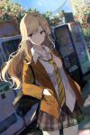 1girl bag blazer blonde_hair blurry blurry_background brown_jacket building character_request closed_mouth collarbone collared_shirt commentary_request cowboy_shot day dress_shirt dutch_angle earrings frown genjitsu_de_lovecome_dekinaito_dare_ga_kimeta hands_in_pockets highres jacket jewelry long_hair long_sleeves looking_at_viewer necklace necktie open_collar outdoors plaid plaid_skirt pleated_skirt power_lines purple_eyes school_bag school_uniform shiina_kuro shirt shoulder_bag skirt solo standing striped striped_neckwear stud_earrings tree untucked_shirt vending_machine white_shirt yellow_neckwear 