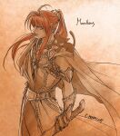  1boy animal_on_shoulder armband armor belt breastplate cape cat cat_on_shoulder character_name closed_mouth dated floating_cape floating_hair from_side holding holding_sword holding_weapon kazuki-mendou limited_palette looking_at_viewer looking_to_the_side maedhros male_focus one-hour_drawing_challenge pointy_ears ponytail red_eyes red_hair signature silmarillion solo sword weapon 