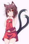  1girl absurdres ahoge animal_ear_fluff animal_ears ascot bare_shoulders breasts brown_eyes brown_hair cat_ears cat_tail chen commentary_request cowboy_shot furagu hands_up highres looking_at_viewer medium_hair multiple_tails nekomata no_hat no_headwear parted_lips red_shirt red_skirt shirt simple_background skirt small_breasts solo tail thighhighs touhou two_tails white_background white_legwear yellow_neckwear 